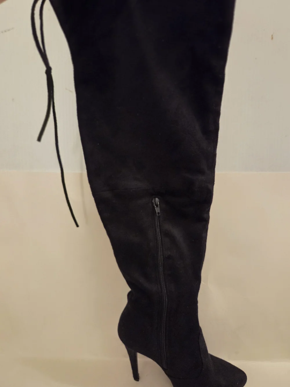 Over-the-Knee Black Suede Stiletto Boots with Back Tie